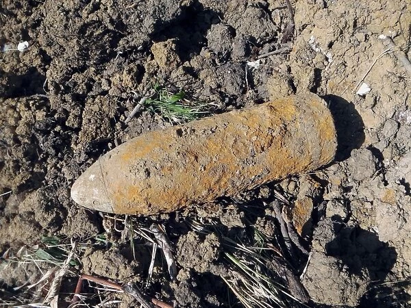 Iron Harvest, World War One high explosive shell, unexploded, dug up during tree extraction, Verdun Battlefield