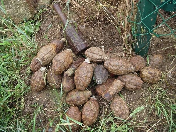 Iron Harvest, World War One unexploded grenades, recently recovered from fields, Somme Battlefield, Somme, Picardy
