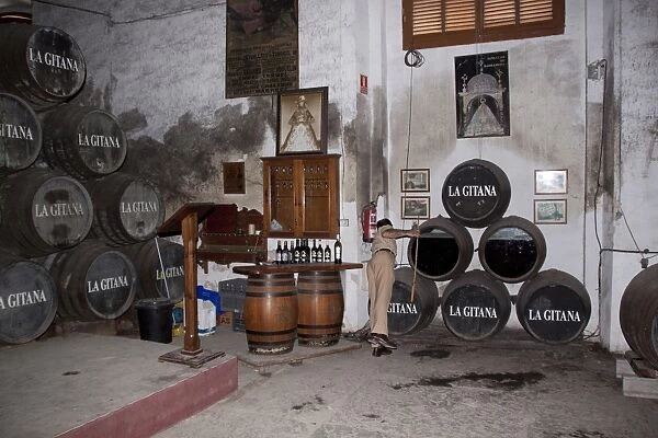 Javier Hidlago looking a sherry barrels