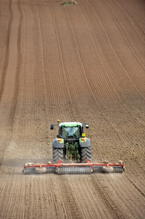 Framed Print : John Deere tractor pulling soil press, rolling seedbed in arable field, Kelso, Scottish Borders, Scotland, september