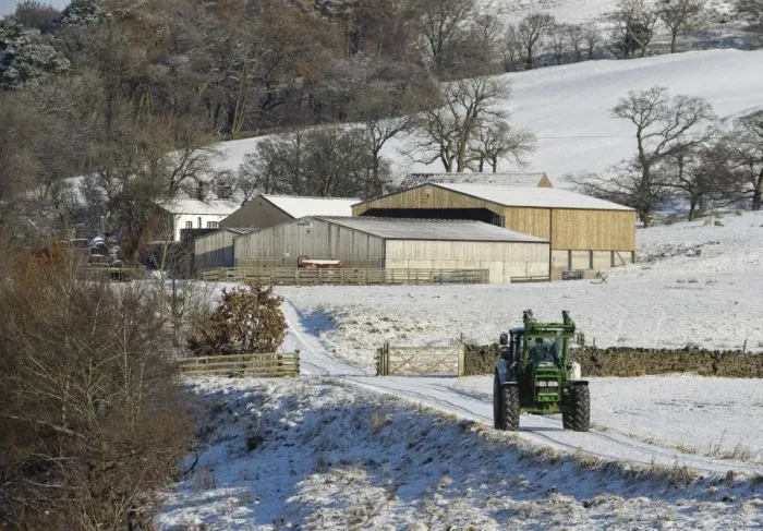 Framed Print : John Deere tractor travelling along snow covered farm track, with farm buildings in background, Whitewell, Lancashire, England, november Framed Print : John Deere tractor travelling along snow covered farm track, with farm buildings in background, Whitewell, Lancashire, England, november