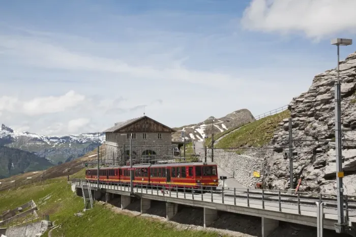 Framed Print : Jungfraubahn train at Eigergletscher Station, Bernese Alps, Switzerland, June Framed Print : Jungfraubahn train at Eigergletscher Station, Bernese Alps, Switzerland, June