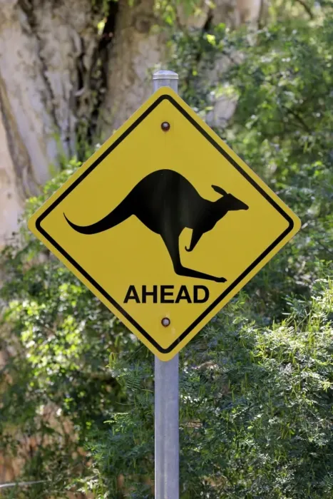Framed Print : Kangaroo crossing road sign, Wilsons Promontory N. P. Victoria, Australia, November