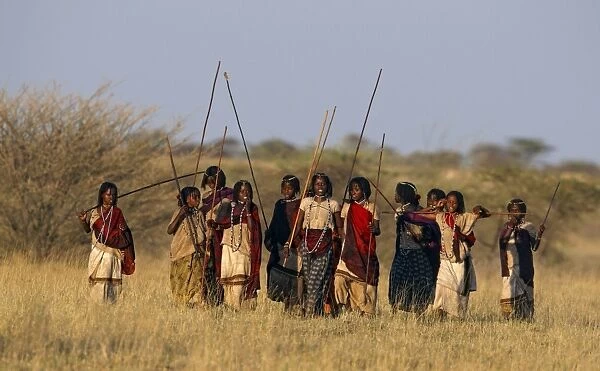 Keruyu girls, group walking through savanna, Awash, Afar Region, Ethiopia