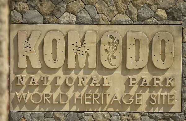 Komodo National Park, World Heritage Site sign, Komodo Island, Komodo N. P. Lesser Sunda Islands, Indonesia, October