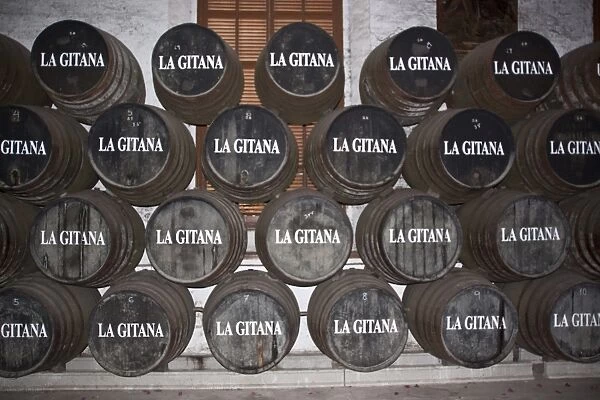 La Gitana sherry at Sanlucar de la Barrameda. Sherry is matured slowing in these barrels before bottling