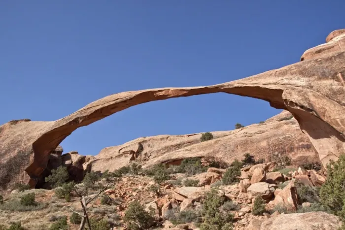 Framed Print : Landscape Arch in Arches National Park, Utah. This arch is made from Entrada Sandstone which over time is eroded by Framed Print : Landscape Arch in Arches National Park, Utah. This arch is made from Entrada Sandstone which over time is eroded by