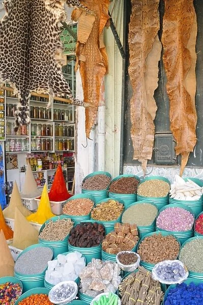 Leopard and snake skins for sale in market beside spices, Marrakesh, Morocco, january