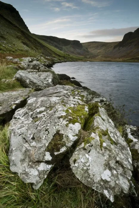 Framed Print : Lichen covered rocks beside lake, Annascaul Lake, Annascaul, Dingle Peninsula, County Kerry, Munster, Ireland, November Framed Print : Lichen covered rocks beside lake, Annascaul Lake, Annascaul, Dingle Peninsula, County Kerry, Munster, Ireland, November