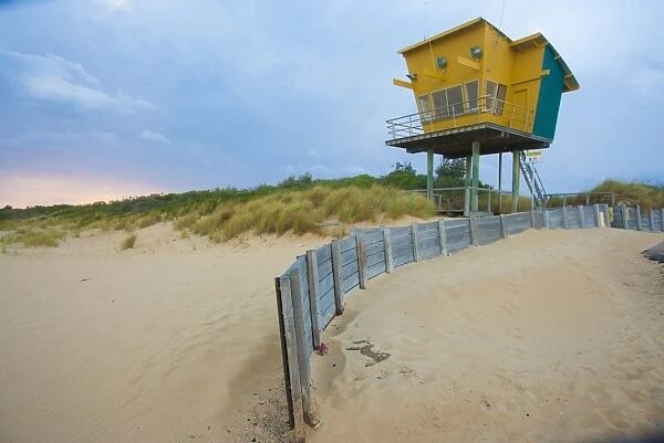 Lifeguard lookout tower on beach, Lakes Entrance, Victoria, Australia, February