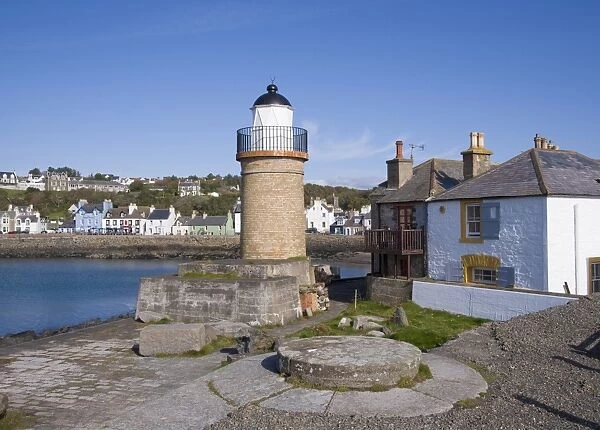 Lighthouse in seaside village, Portpatrick Lighthouse, Portpatrick Harbour, Portpatrick, Rhins of Galloway