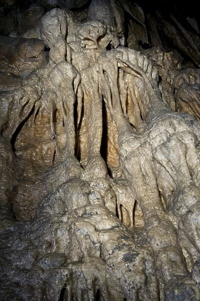 Limestone rock formations in cave, in section of cave not normally accessible to public, Ingleborough Cave