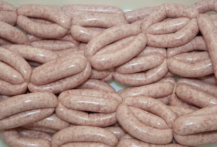 Framed Print : Links of pork sausages in farm shop, Bradford, West Yorkshire, England, july