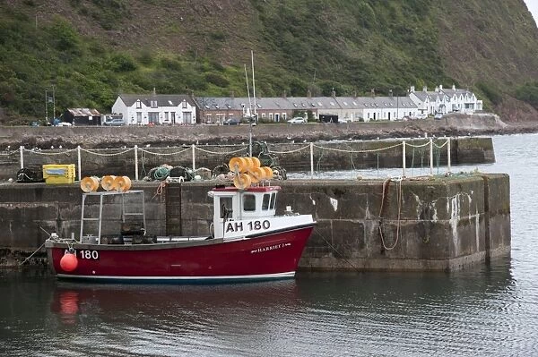 Lobster fishing boat at harbour of fishing village Burnmouth, Scottish Borders, Scotland, july