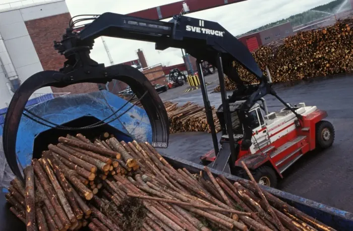 Framed Print : Logs loaded in pulp mill with Svetruck TMF forklift grapple, Sweden