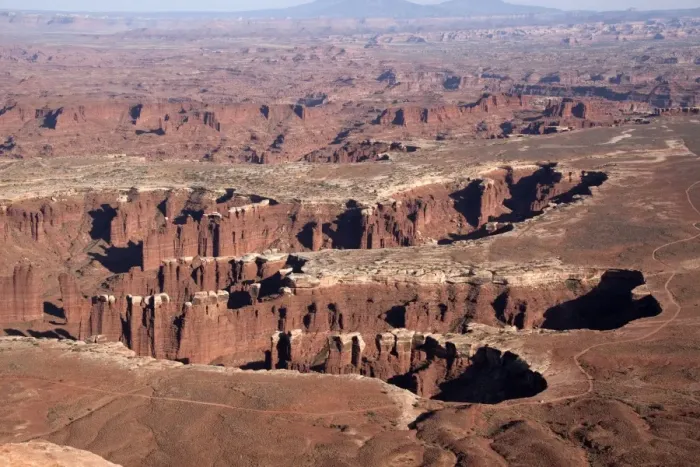 Framed Print : Looking towards the Abajo Mountains from Grand View Point overlook at Canyonlands National Park