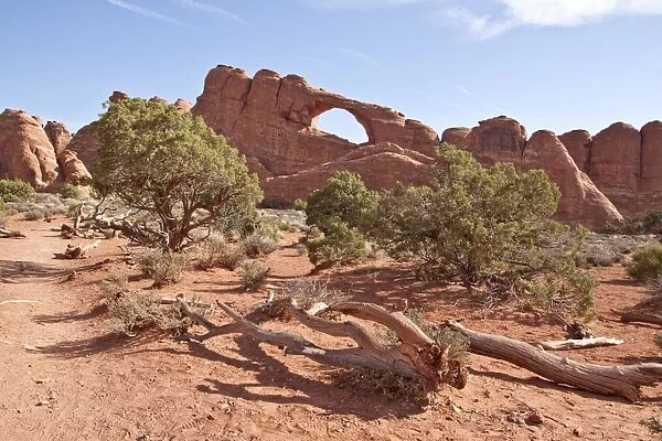 Looking at Skyline Arch in Arches National Park, Utah. This arch is made from Entrada Sandstone which over time is