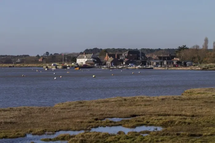 Framed Print : Looking south to Orford, Quay. on the River Alde with tidal salt marsh. Suffolk Framed Print : Looking south to Orford, Quay. on the River Alde with tidal salt marsh. Suffolk