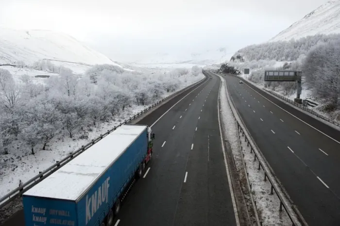 Framed Print : Lorry on motorway in snow, M6 Motorway, Tebay Gap, Cumbria, England, december