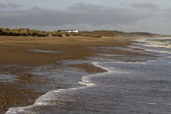 Low tide on Minsmere Beach, looking towards Dunwich and the coast guard cottages - Suffolk