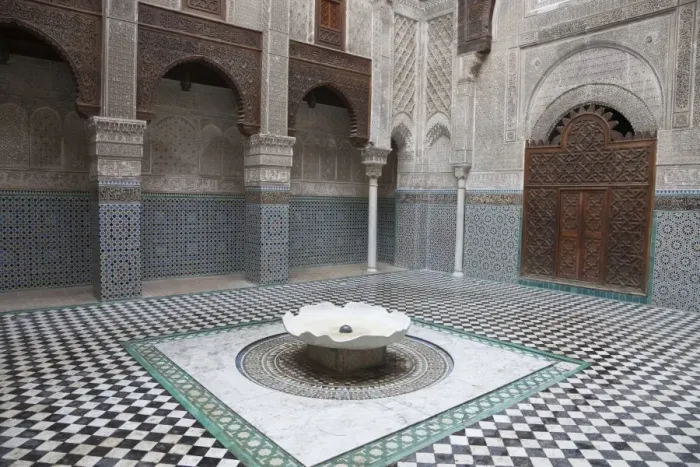 Framed Print : Madrasah courtyard with fountain in city, Al-Attarine Madrasa, Fes el Bali, Fes, Morocco, april Framed Print : Madrasah courtyard with fountain in city, Al-Attarine Madrasa, Fes el Bali, Fes, Morocco, april