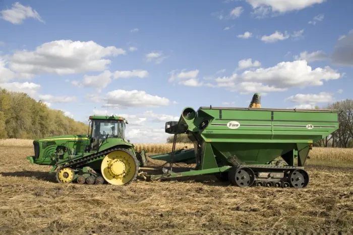 Framed Print : Maize (Zea mays) crop, John Deere 8520T tracked tractor with tracked grain wagon being loaded at harvest, South Dakota Framed Print : Maize (Zea mays) crop, John Deere 8520T tracked tractor with tracked grain wagon being loaded at harvest, South Dakota