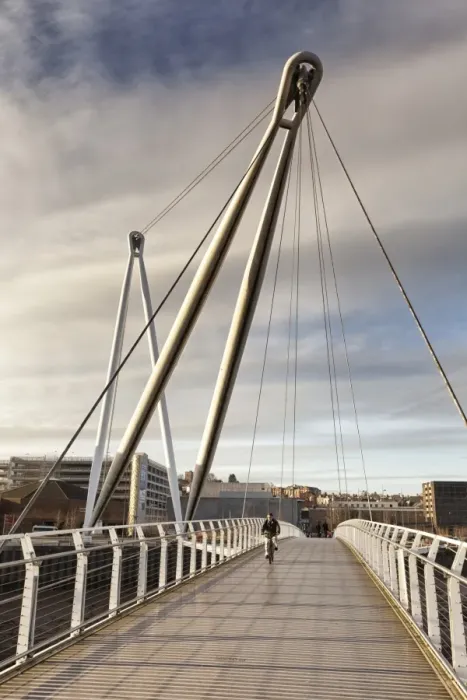 Framed Print : Man on bicycle crossing footbridge over river, Newport City Footbridge, River Usk, Newport, South Wales, Wales, january Framed Print : Man on bicycle crossing footbridge over river, Newport City Footbridge, River Usk, Newport, South Wales, Wales, january