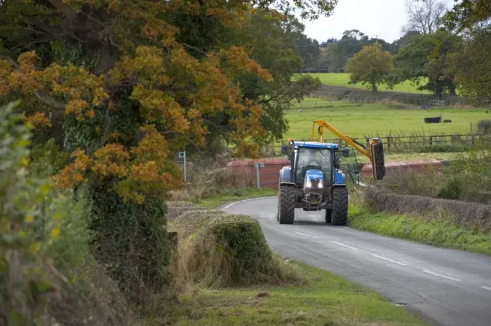 Framed Print : Mechanised hedge cutting, tractor with flail cutting hedgerow beside road, Tattenhall, Cheshire, England, November Framed Print : Mechanised hedge cutting, tractor with flail cutting hedgerow beside road, Tattenhall, Cheshire, England, November