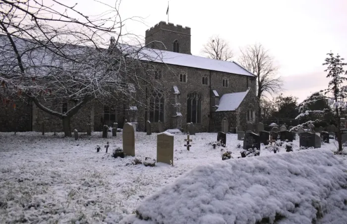 Framed Print : Medieval church and graveyard in snow, St. Marys Church, Haughley, Suffolk, England, november Framed Print : Medieval church and graveyard in snow, St. Marys Church, Haughley, Suffolk, England, november