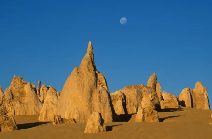 Framed Print : Moon The moon behind limestone pillars of the Pinnacles Desert of Nambung NP