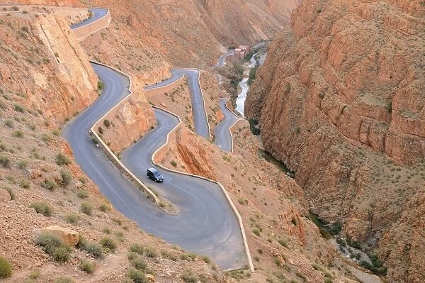 Mountain pass with hairpin bends on road, Dades Gorge, Atlas Mountains, Morocco, january