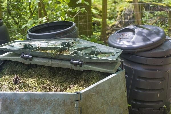 Mowed grass in garden compost bins, Kirk House, Chipping, Preston, Lancashire, England, May