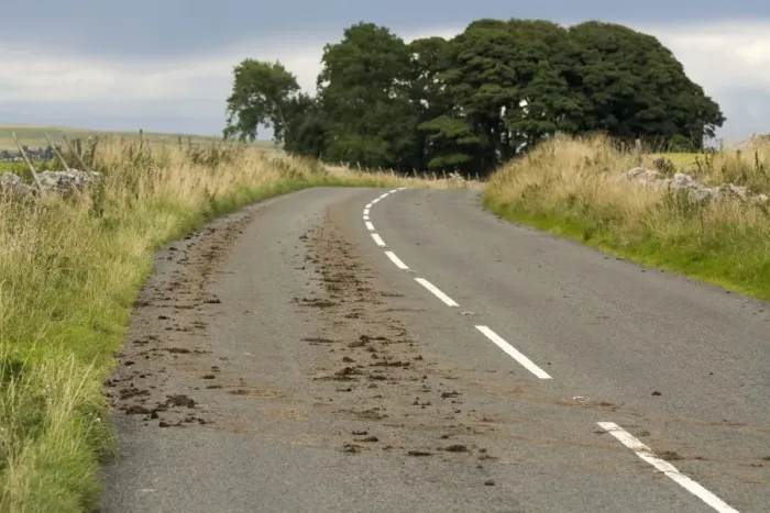 Framed Print : Mud on main road, after tractor coming out of field with mud on tyres, Cumbria, England, September Framed Print : Mud on main road, after tractor coming out of field with mud on tyres, Cumbria, England, September