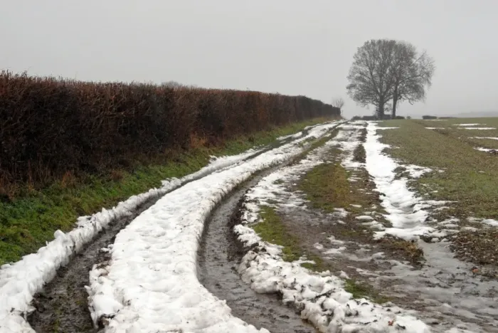 Framed Print : Muddy farm track beside hedgerow in snow, Chiltern Hills, Hertfordshire, England, December Framed Print : Muddy farm track beside hedgerow in snow, Chiltern Hills, Hertfordshire, England, December