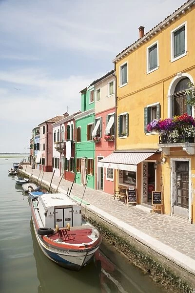 Multi-coloured houses and shops along canal waterfront, Burano Island, Venetian Lagoon, Venice, Veneto, Italy, May