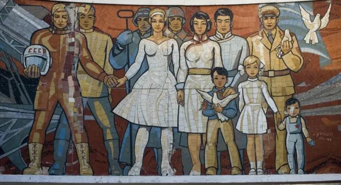 Framed Print : Mural depicting Russian cosmonaut Yuri Gagarin, first human in space, and Mongolian people with white doves Framed Print : Mural depicting Russian cosmonaut Yuri Gagarin, first human in space, and Mongolian people with white doves