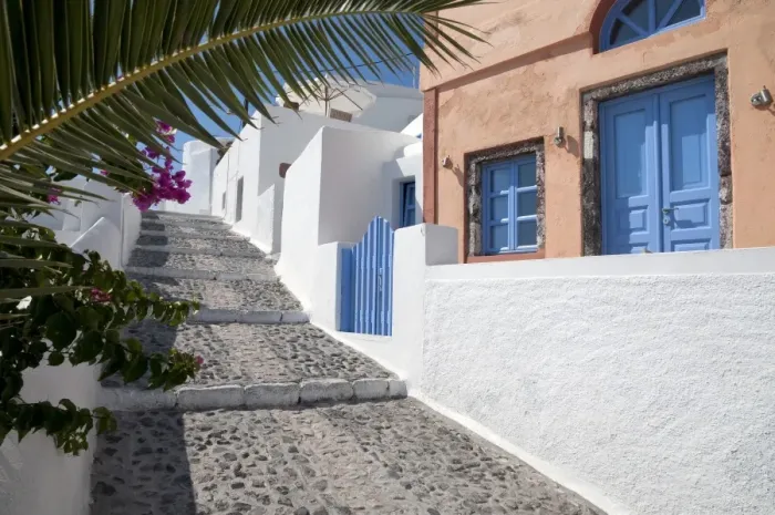 Framed Print : Narrow street with steps and painted houses, Oia, Santorini, Cyclades, Aegean Sea, Greece, September Framed Print : Narrow street with steps and painted houses, Oia, Santorini, Cyclades, Aegean Sea, Greece, September