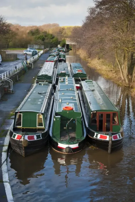 Framed Print : Narrowboats moored on canal, Shropshire Union Canal, Bunbury, Cheshire, England, january Framed Print : Narrowboats moored on canal, Shropshire Union Canal, Bunbury, Cheshire, England, january