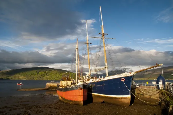 Framed Print : Two old boats grounded at low tide in harbour, Inveraray, Loch Fyne, Argyll, Scotland, May Framed Print : Two old boats grounded at low tide in harbour, Inveraray, Loch Fyne, Argyll, Scotland, May