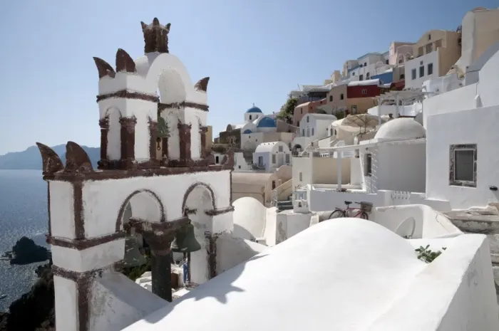 Framed Print : Orthodox church bell tower, in town on coastal clifftop, Oia, Santorini, Cyclades, Aegean Sea, Greece, September