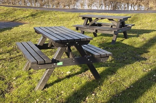 Outdoor plastic furniture, made from recycled plastic bottles, Bubwith, Selby, East Riding of Yorkshire, England