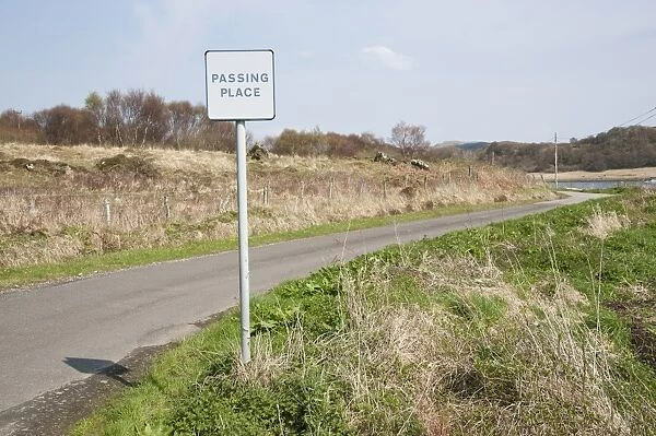 Passing Place sign on rural road, Ardfern, Argyll and Bute, Scotland, april