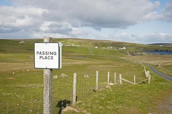 Passing Place sign on single track road, Fetlar, Shetland Islands, Scotland, June
