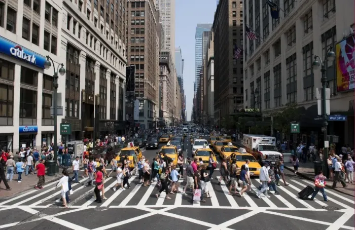 Framed Print : Pedestrians crossing road in city, Manhattan Island, New York City, New York State, U. S. A. september