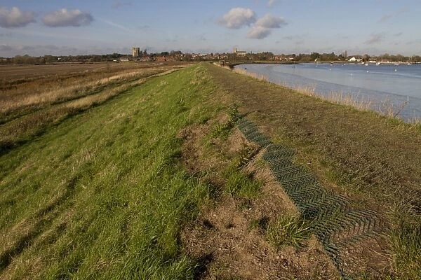 Plastic matting used to stop soil erosion on the sea wall, looking towards Orford, Suffolk
