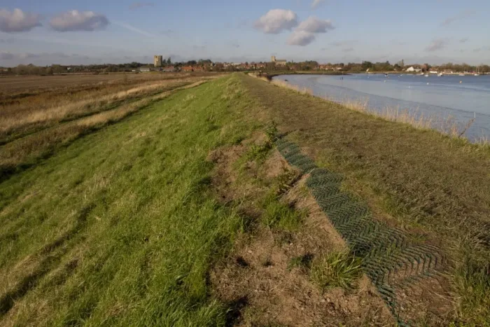 Framed Print : Plastic matting used to stop soil erosion on the sea wall, looking towards Orford, Suffolk Framed Print : Plastic matting used to stop soil erosion on the sea wall, looking towards Orford, Suffolk