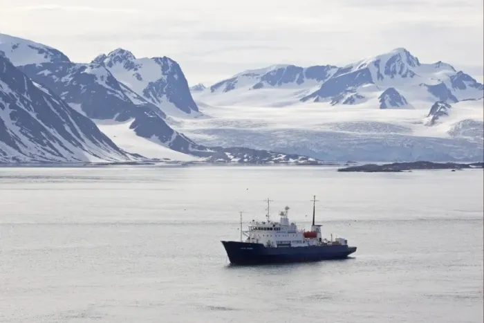Framed Print : Polar Pioneer cruise ship in fjord, Spitzbergen, Svalbard, july