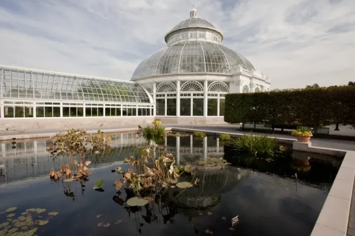 Framed Print : Pool and conservatory at botanical gardens, Haupt Conservatory, New York Botanical Garden, Bronx Park, The Bronx, New York City, New York State, U. S. A. november