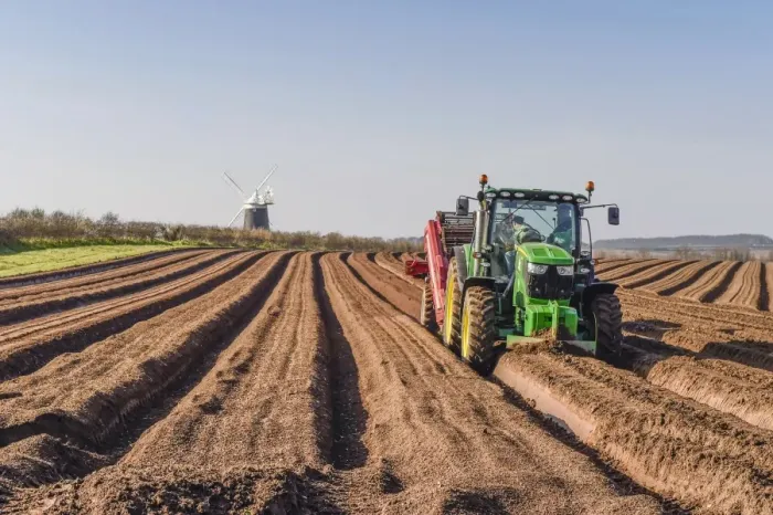 Framed Print : Potato (Solanum tuberosum) crop, John Deere tractor with mechanical equipment used to create soil tilth Framed Print : Potato (Solanum tuberosum) crop, John Deere tractor with mechanical equipment used to create soil tilth