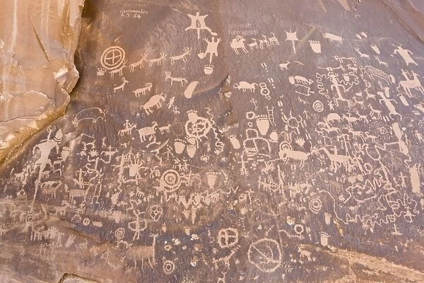 Prehistoric and historic Native American petroglyphs, Newspaper Rock State Historic Monument, Utah, U. S. A. September